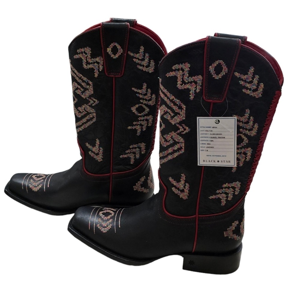 Black Star Black Leather Western Boots Red Trim‎ Embroidered Design